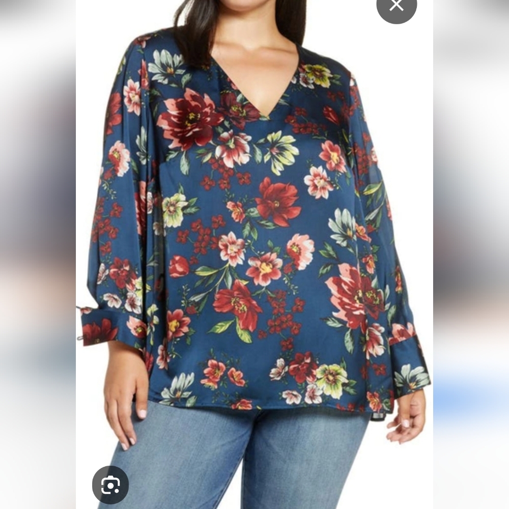 Daniel Rainn Satin Floral Print Top Long Sleeve - Size L